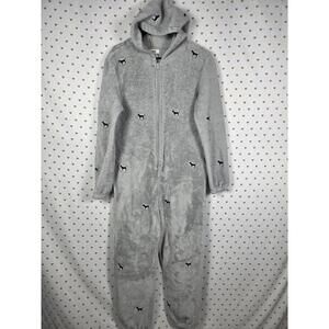 Victoria Secret Pink Teddy Soft Pajama Onesie M/L Dogs Gray one piece RARE Sleep